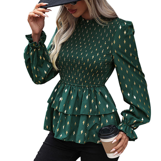 Damen Gesmoktes Volant-Blusenshirt mit langen Manschettenärmel und goldenem Rautendruck Shop Nory