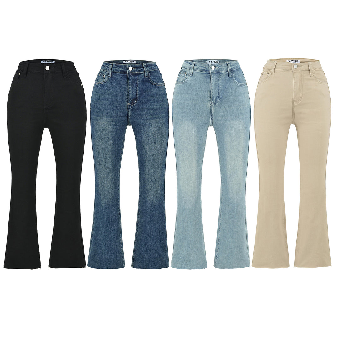 Damen Highwaist-Schlaghose aus Stretch-Denim mit fünf Taschen und rohem Saum Shop Nory