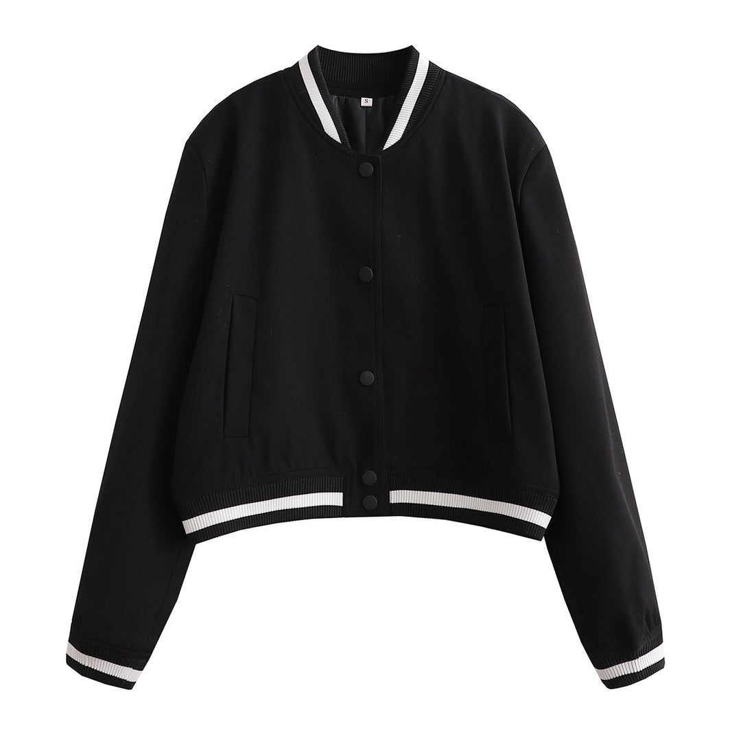 Damen Kurz geschnittene Collegejacke mit Rippbündchen und Druckknöpfen Shop Nory