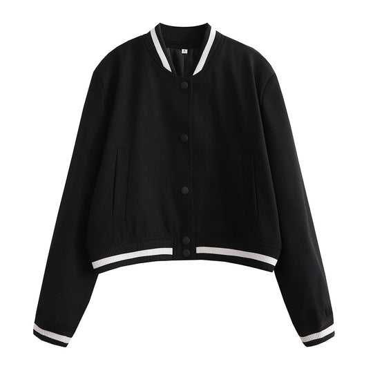 Damen Kurz geschnittene Collegejacke mit Rippbündchen und Druckknöpfen Shop Nory