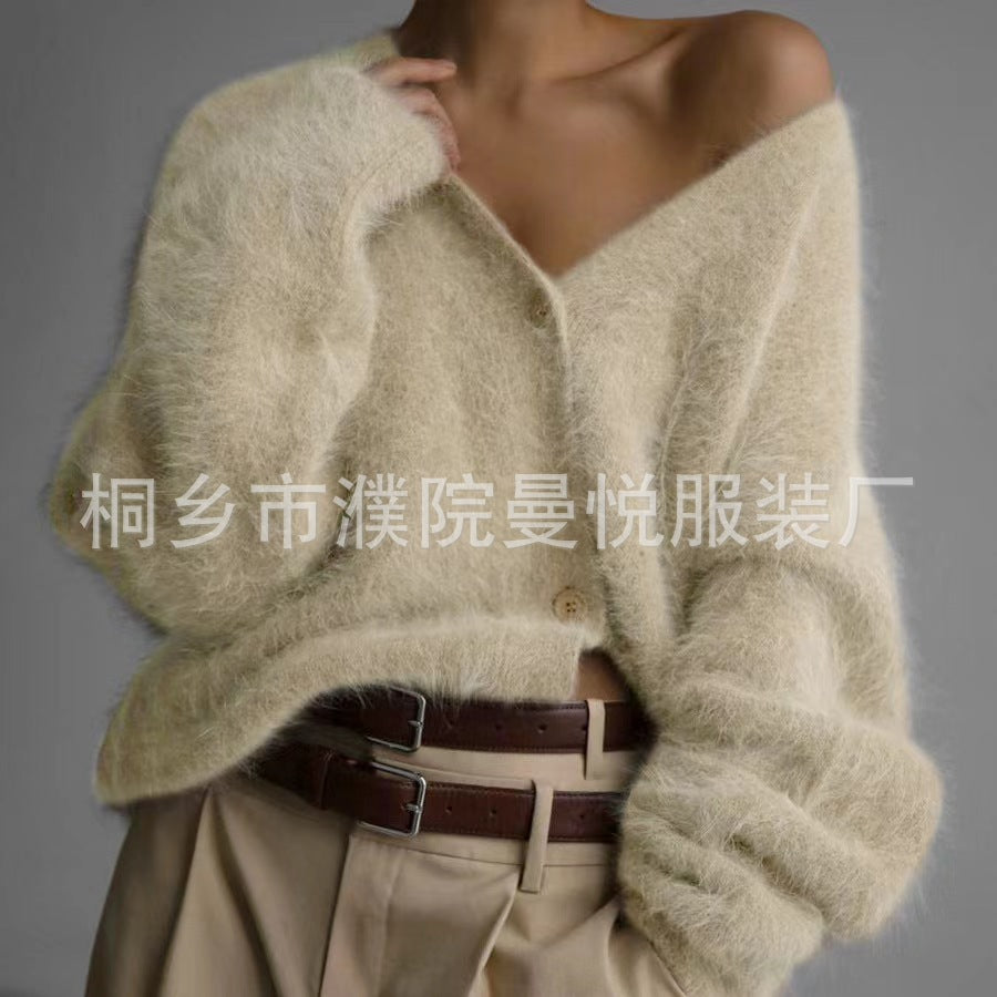 Damen Kuscheliger Oversize-Cardigan aus Teddy-Strick mit tiefem V-Ausschnitt Shop Nory