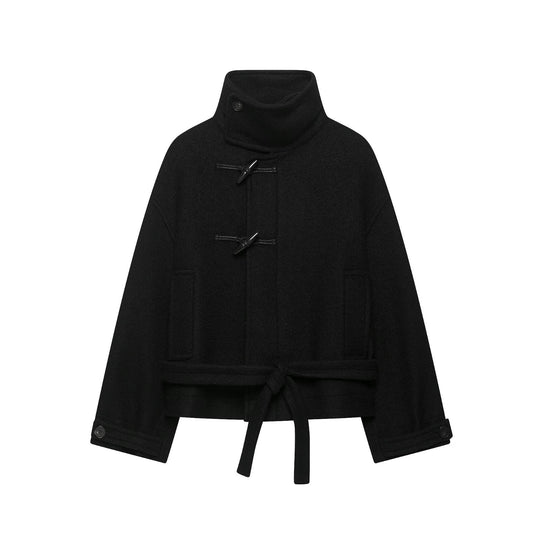 Damen Kurze Duffle-Capejacke mit Stehkragen, Knebelverschlüssen und Taillengürtel Shop Nory