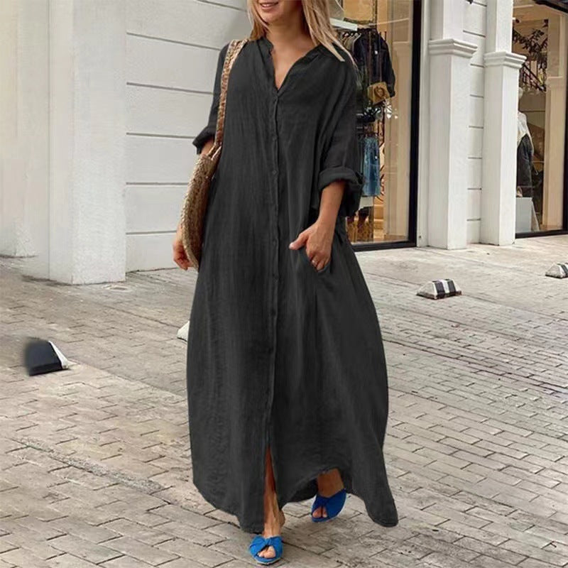 Einreiher Baumwoll-Leinen Plus Size Langkleid