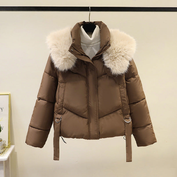 Damen nan kurze Thermo-Pufferjacke mit abnehmbarem Webpelzkragen, hochschließendem Stehkragen und Tunnelzugsaum Shop Nory