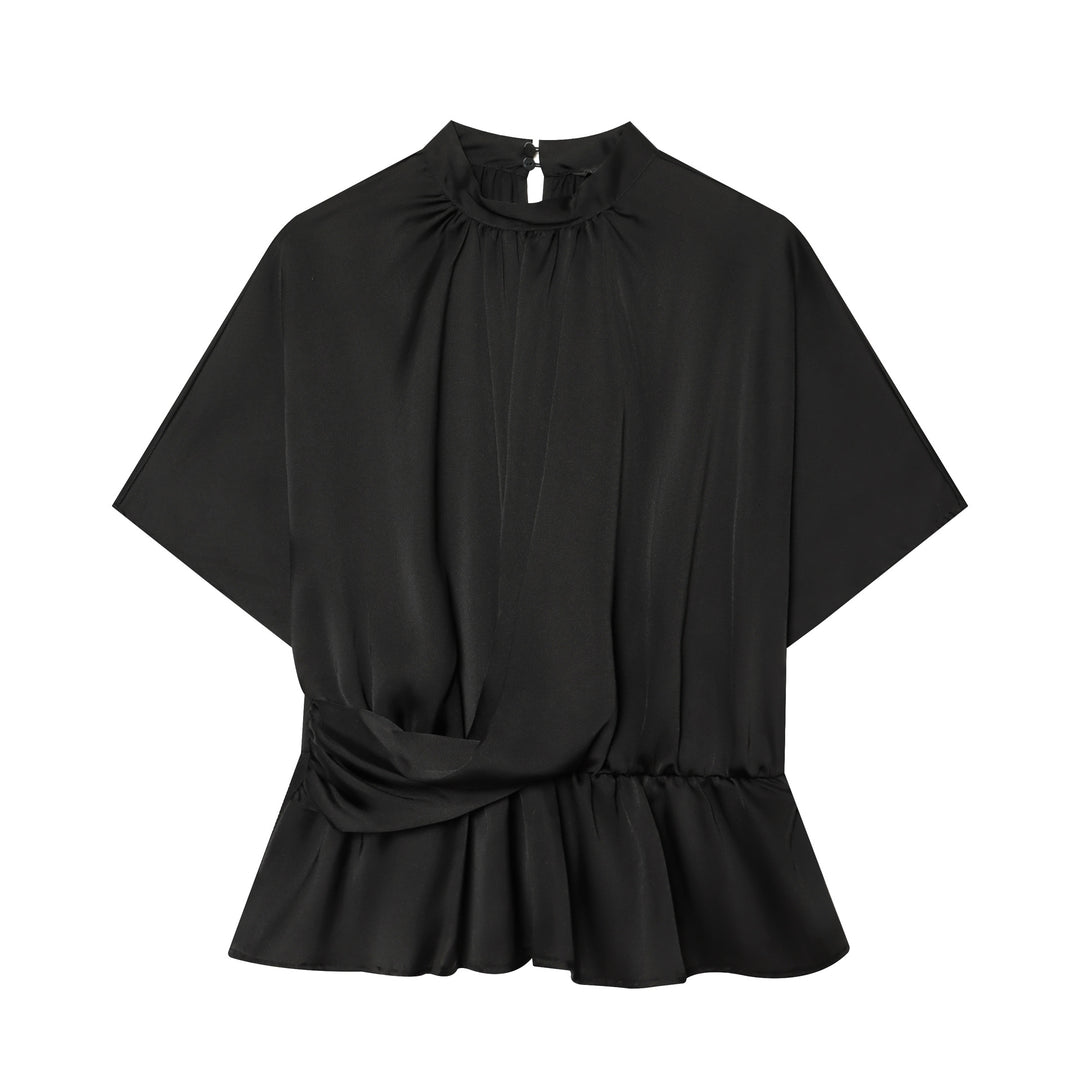 Damen Elegante Bluse mit Stehkragen, geraffter Taille und Volant-Saum Shop Nory