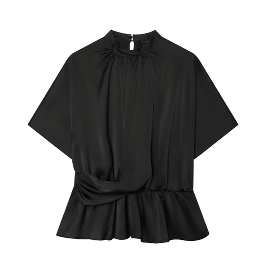 Damen Elegante Bluse mit Stehkragen, geraffter Taille und Volant-Saum Shop Nory