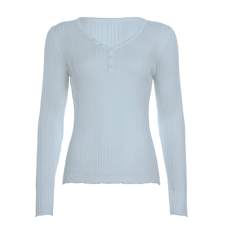 Damen nan feinstrukturierter Rippstrick-Longsleeve mit V-Ausschnitt, Henley-Knopfleiste und taillierter Passform Shop Nory