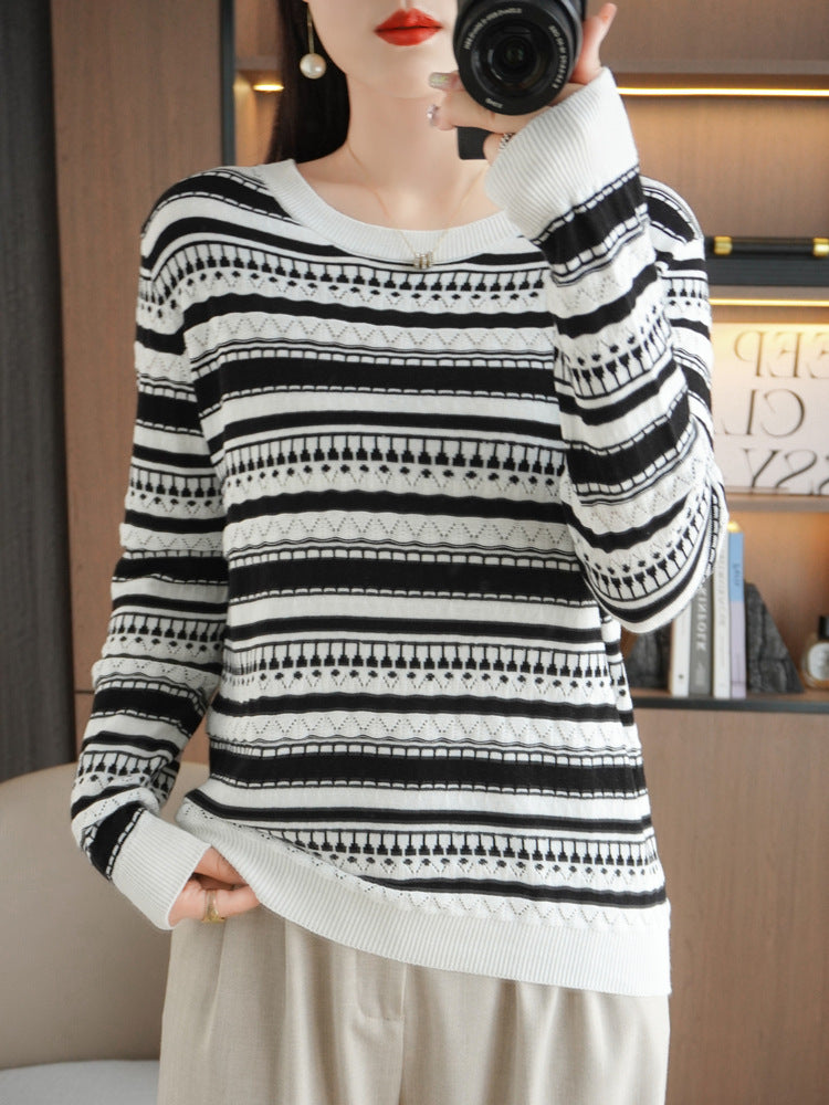 Damen Leichter Rundhals-Feinstrickpullover mit geometrischem Ajourstreifenmuster Shop Nory