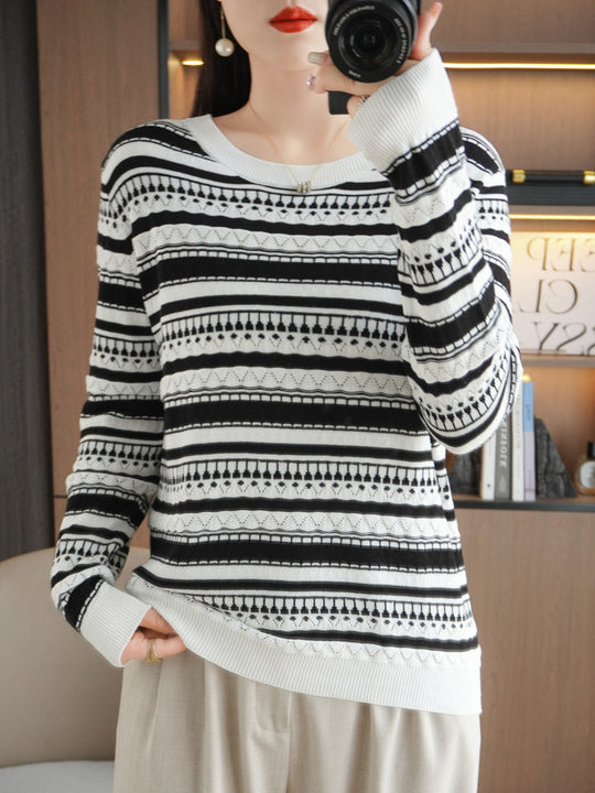 Damen Leichter Rundhals-Feinstrickpullover mit geometrischem Ajourstreifenmuster Shop Nory