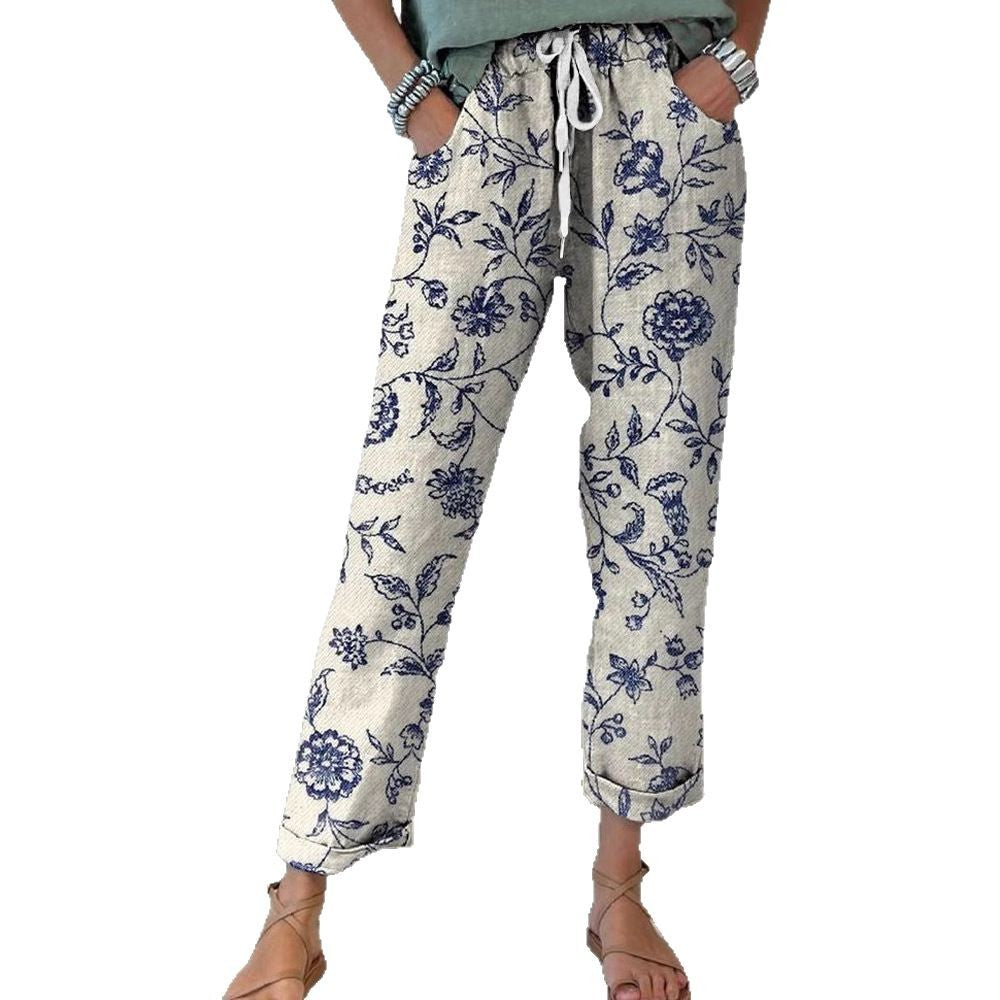 Damen Leinenoptik-Hose mit floralem Print, weitem Bein und Tunnelzug Shop Nory