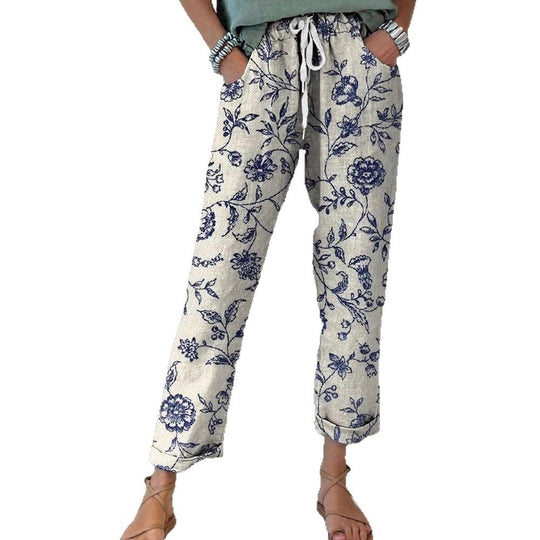 Damen Leinenoptik-Hose mit floralem Print, weitem Bein und Tunnelzug Shop Nory