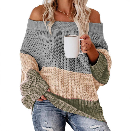 Damen Schulterfreier Oversize Blockstreifen Strickpullover Shop Nory