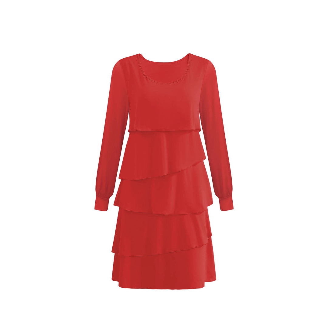 Damen Stufenkleid mit Lagenrock, Rundhalsausschnitt und Ballonärmeln Shop Nory