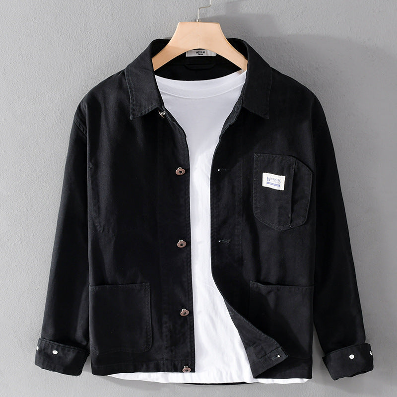 Herren Leichte Baumwoll-Chorejacke im Worker‑Stil mit Kentkragen und aufgesetzten Taschen Shop Nory
