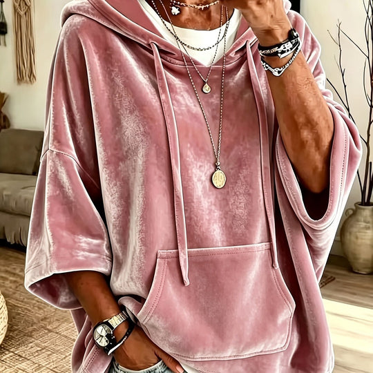 Damen Oversize Samt-Hoodie mit halbarm, Kapuze und Kängurutasche Shop Nory
