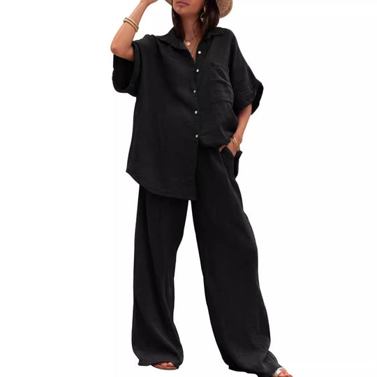 Damen luftiges Oversize-Hemd und weite Hose Set