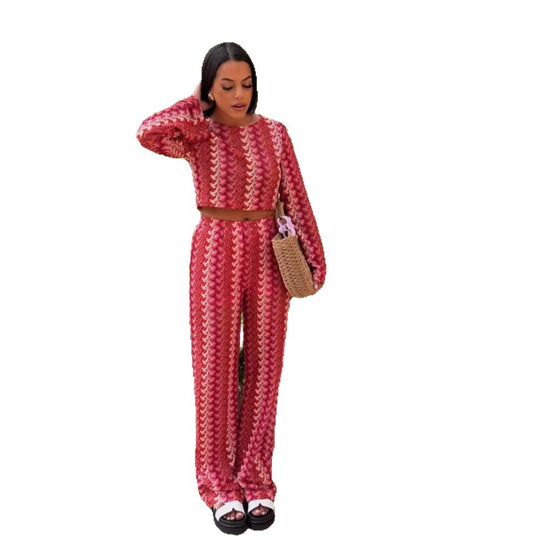 Damen Gehäkeltes zweiteiliges Lounge-Set mit kurzem Pullover und hochtaillierter Palazzo-Hose Shop Nory
