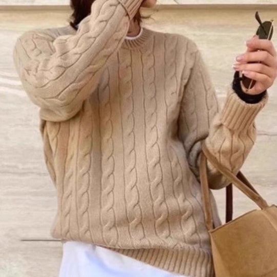 Damen Kastiger Kabelstrick‑Pullover mit Rundhals, extraweichem Wollmix und gerippten Bündchen Shop Nory