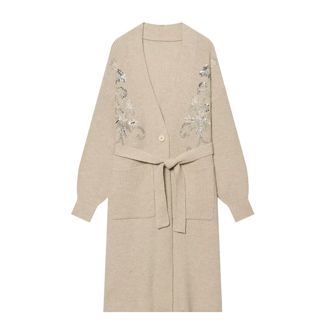 Damen langer Strickcardigan mit Taillengürtel und Paillettenstickerei Shop Nory