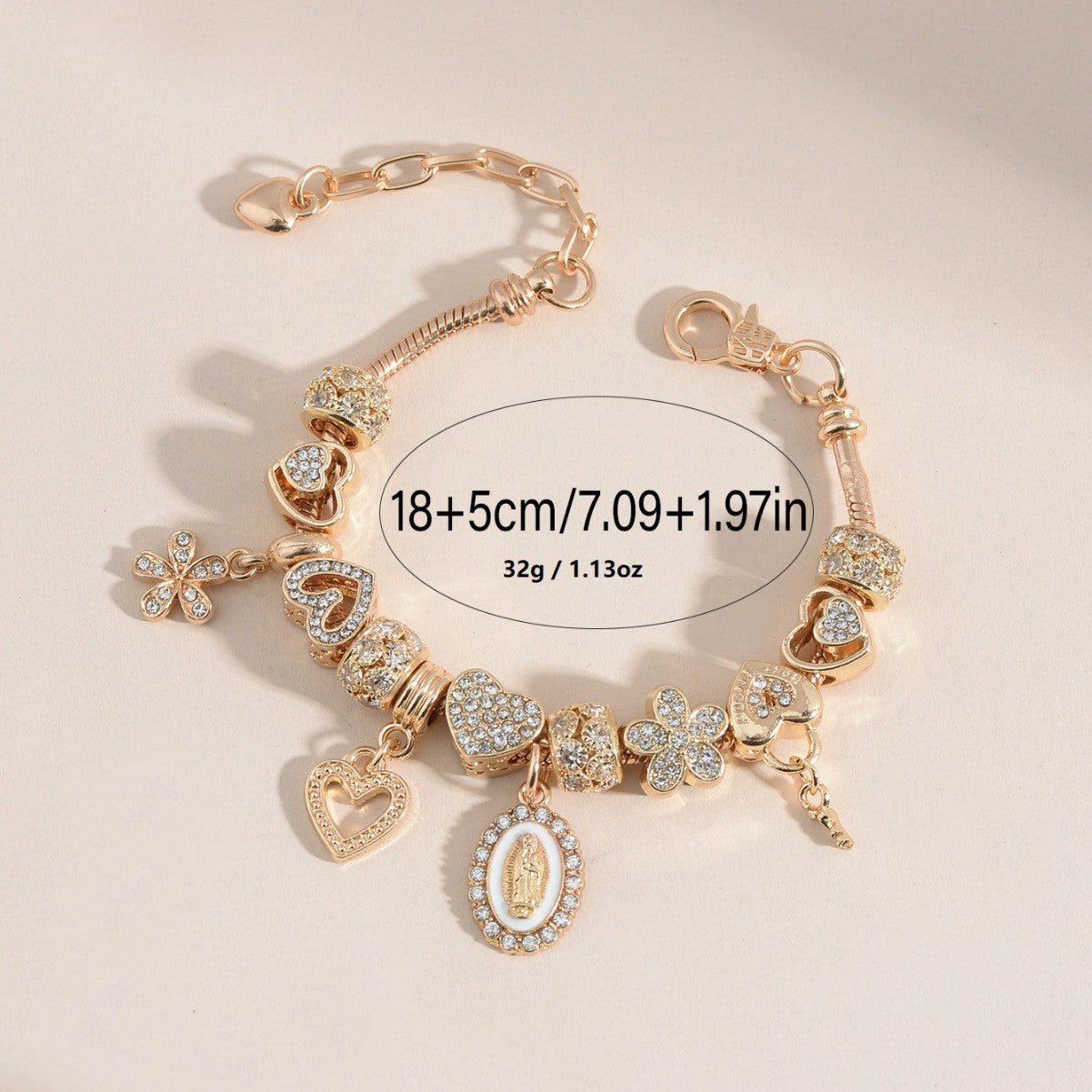 Verstellbares Charm-Armband mit Herz-, Blumen- und Medaillon-Anhängern