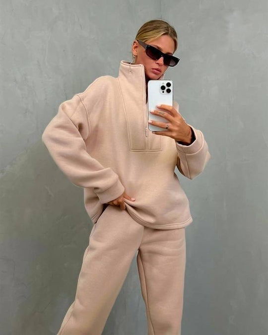 Damen lässiges Fleece-Set mit halbem Reißverschluss und weitem Schnitt