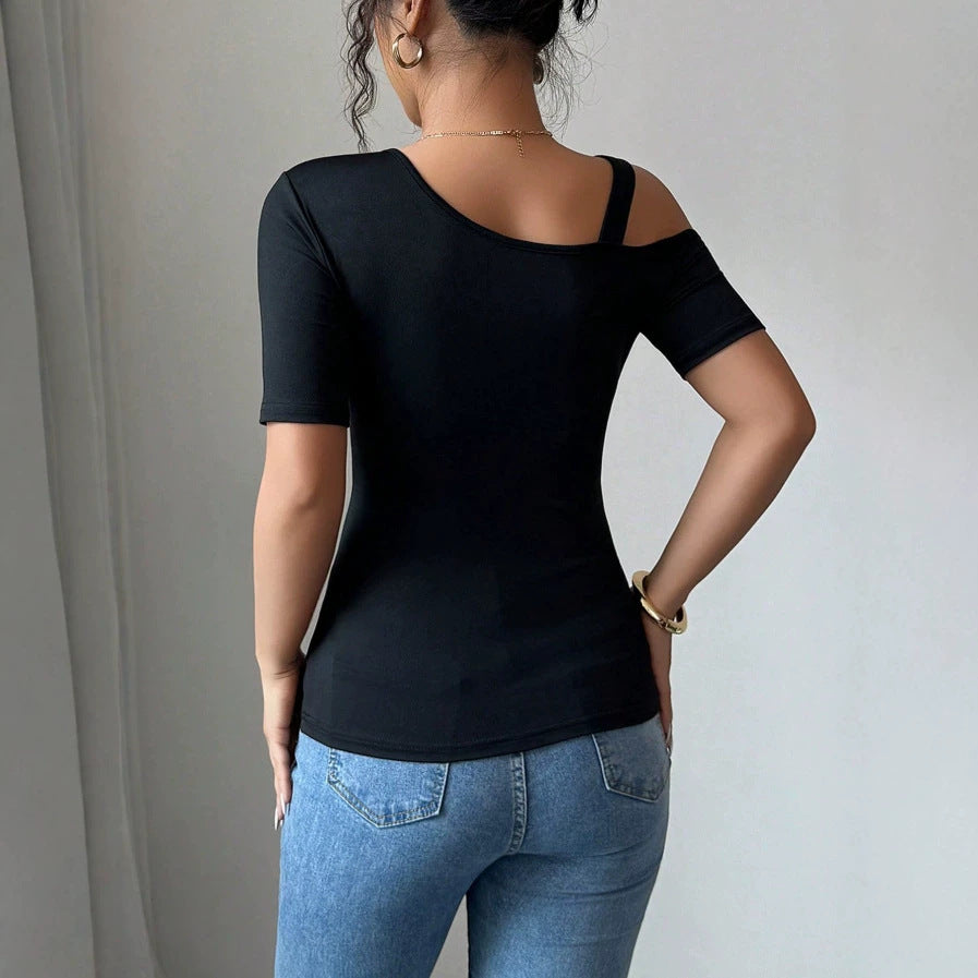 Damen eleganter Body mit asymmetrischem Ausschnitt und kurzärmeliger Gestaltung Shopnory