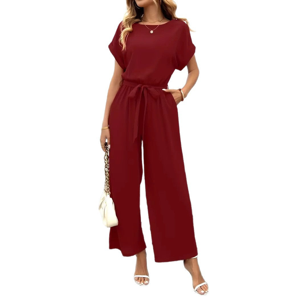 Damen Eleganter Jumpsuit mit weitem Bein und Taillenknoten ShopNory