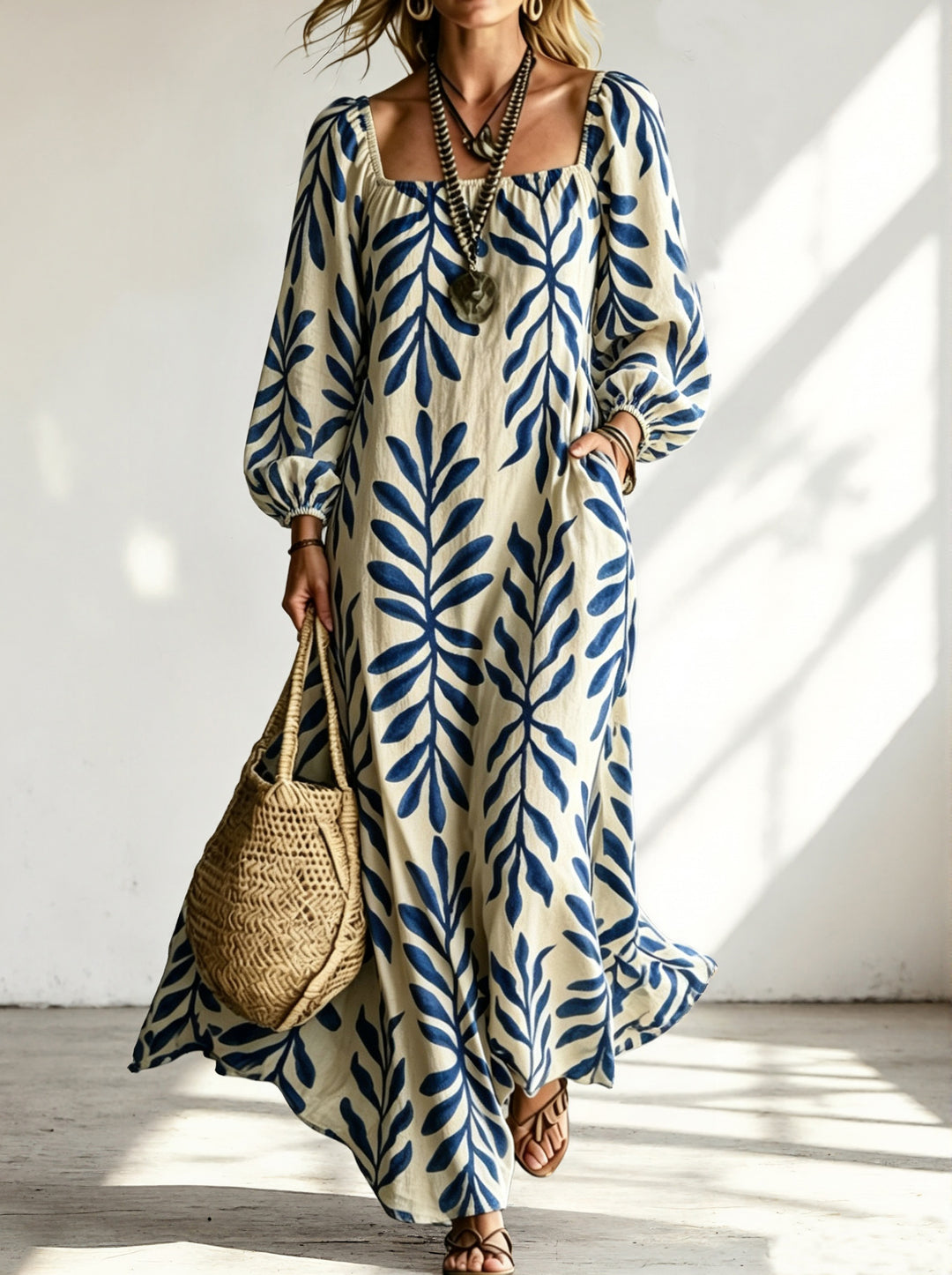 Damen Maxikleid mit quadratischem Ausschnitt, Ballonärmeln und botanischem Print Shop Nory