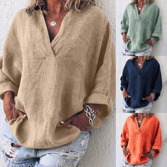 Damen weite Leinen-Tunika mit V-Ausschnitt und rollbaren Ärmeln Shop Nory