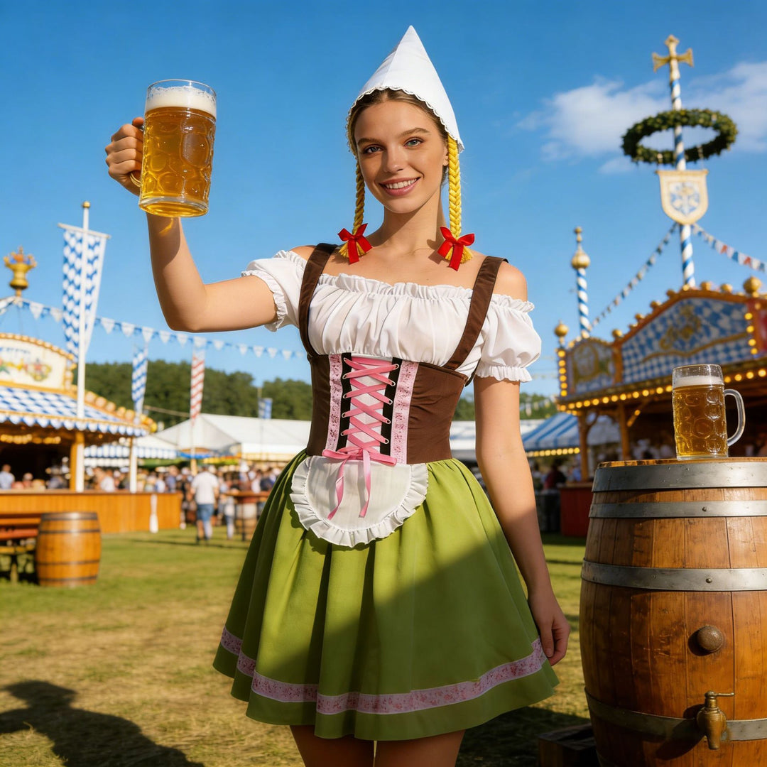 Damen nan traditionelles Dirndl-Kostüm mit Schnürung, Schürze und spitzem Kopftuch Shop Nory