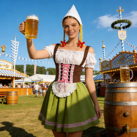 Damen nan traditionelles Dirndl-Kostüm mit Schnürung, Schürze und spitzem Kopftuch Shop Nory