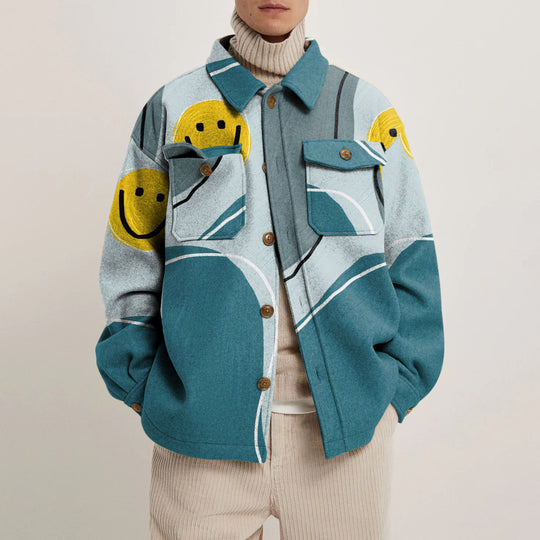 Damen Oversized Wolloptik-Überhemd mit asymmetrischem Vogelprint und Pattentasche Shop Nory