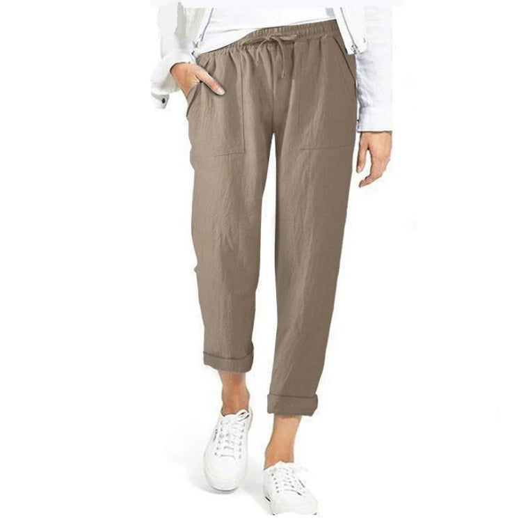Damen entspannte Leinenhose mit elastischem Bund und praktischen Taschen
