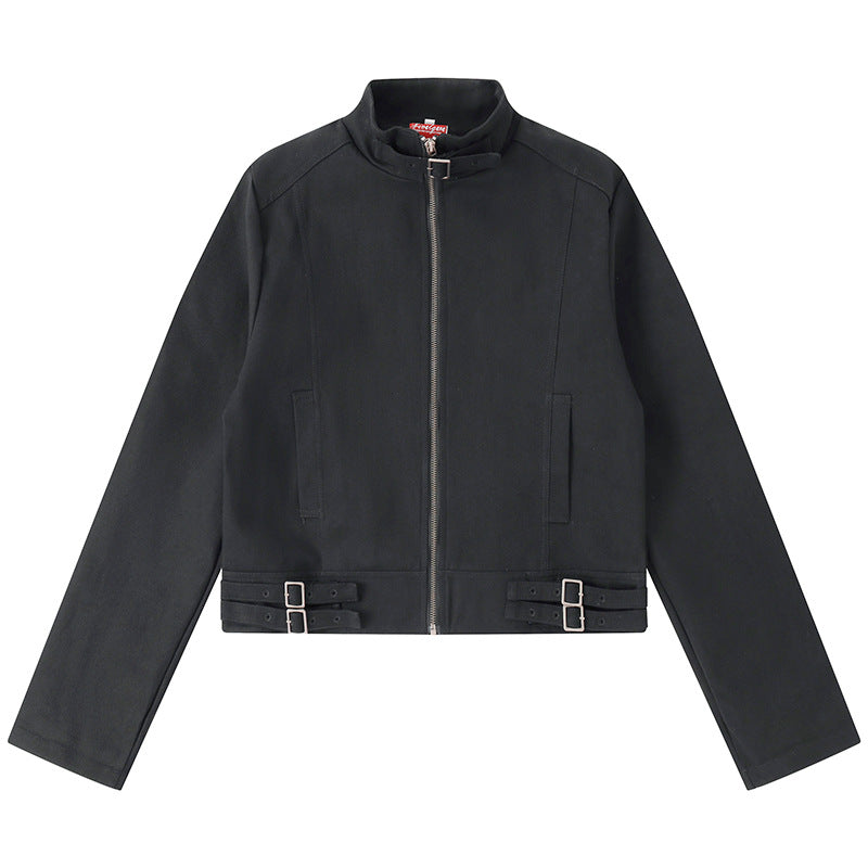 Damen Kurz geschnittene Baumwoll-Utility-Jacke mit Stehkragen Frontreißverschluss und verstellbaren Taillenriemen Shop Nory