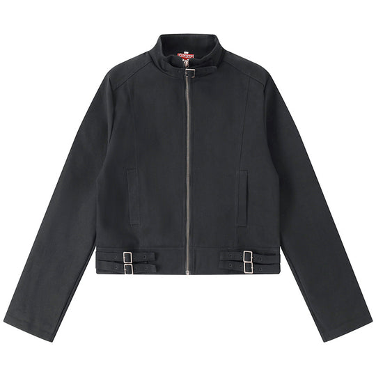 Damen Kurz geschnittene Baumwoll-Utility-Jacke mit Stehkragen Frontreißverschluss und verstellbaren Taillenriemen Shop Nory