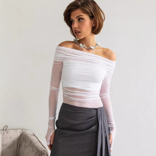 Damen Off-Shoulder Langarmshirt aus leicht transparentem Stoff mit raffiniertem Drapierungseffekt