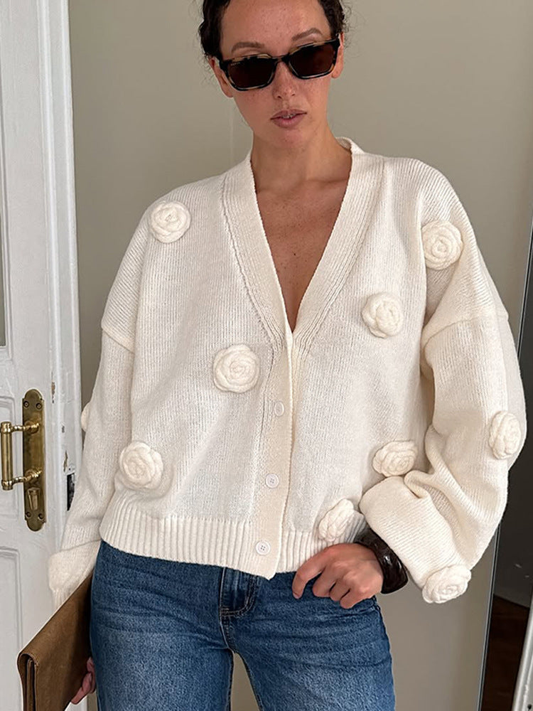 Damen Oversize-Strickcardigan mit dreidimensionalen Rosenapplikationen und V-Ausschnitt Shop Nory
