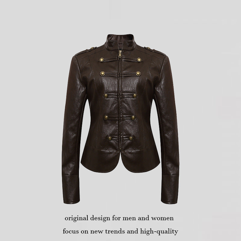 Damen figurbetonte Lederjacke im Military‑Stil mit Stehkragen und Zierknopf‑Blende Shop Nory