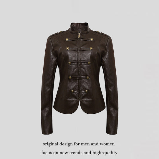 Damen figurbetonte Lederjacke im Military‑Stil mit Stehkragen und Zierknopf‑Blende Shop Nory