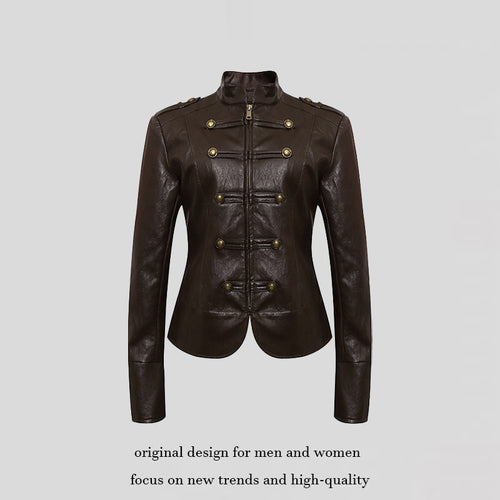 Damen figurbetonte Lederjacke im Military‑Stil mit Stehkragen und Zierknopf‑Blende Shop Nory