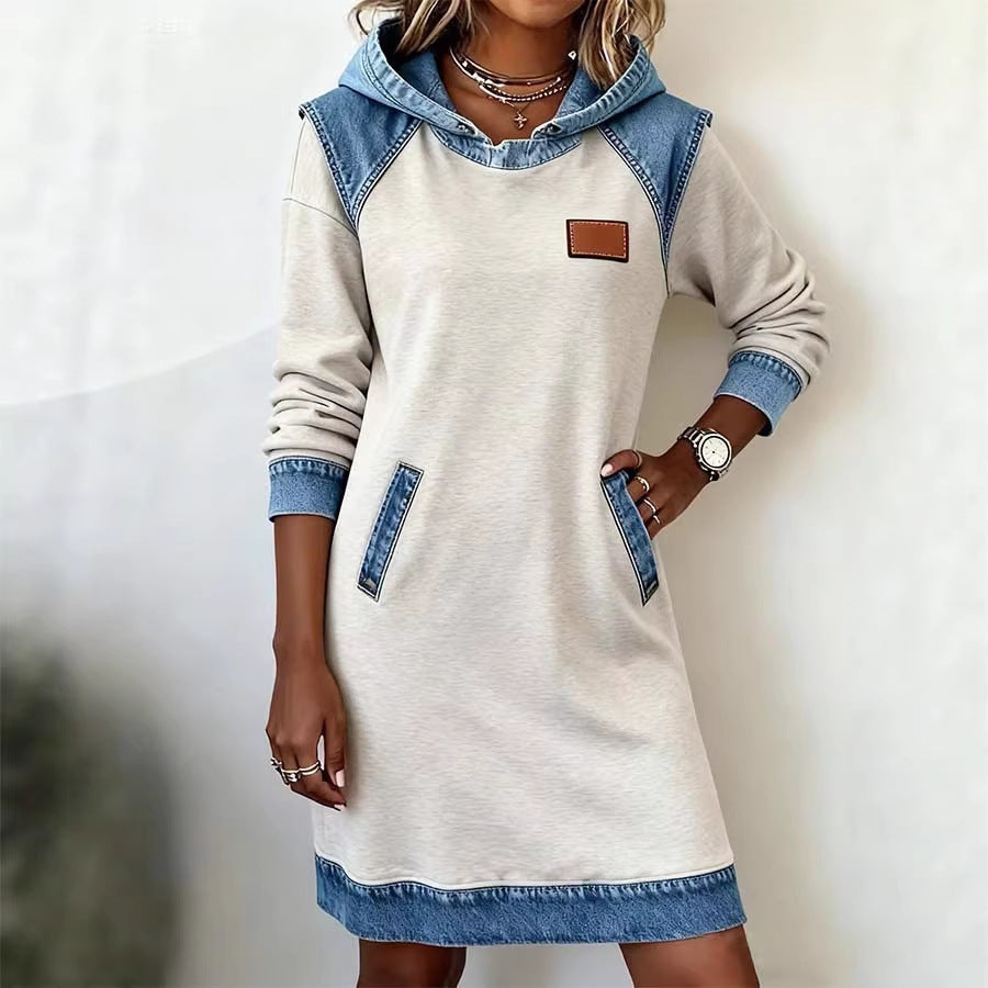 Damen Kapuzen Sweatkleid mit Denim-Besatz, Kängurutaschen und lässiger A-Linien Silhouette Shop Nory