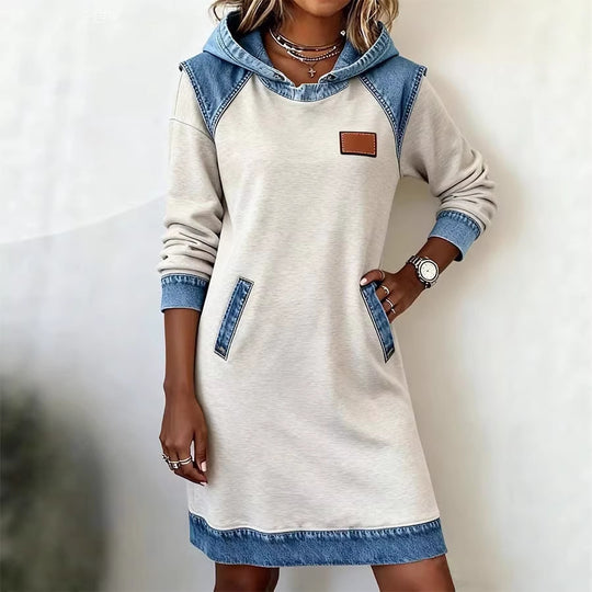 Damen Kapuzen Sweatkleid mit Denim-Besatz, Kängurutaschen und lässiger A-Linien Silhouette Shop Nory