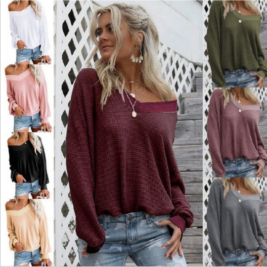 Damen Lockerer Waffelstrick-Pullover mit weitem Off-Shoulder-Ausschnitt und Oversize-Schnitt Shop Nory