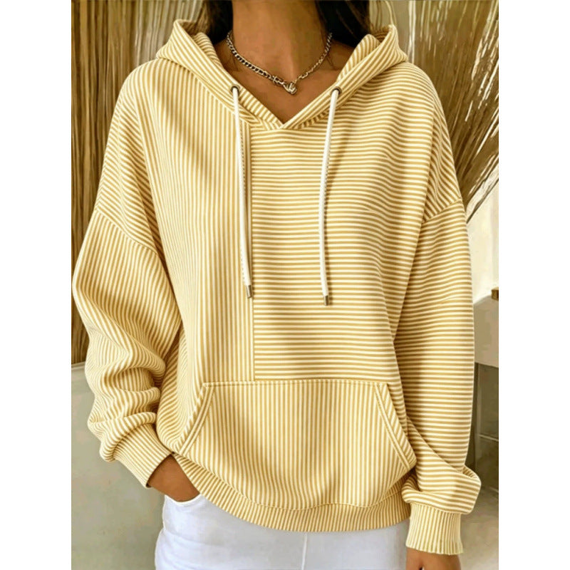Damen Oversize Kapuzenpullover mit feinem Streifenprint, Kängurutasche und V-Ausschnitt-Kapuze Shop Nory