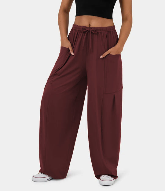Damen Weite Relax‑Hose mit hohem Elastikbund, Tunnelzug und großen Cargo-Taschen Shop Nory