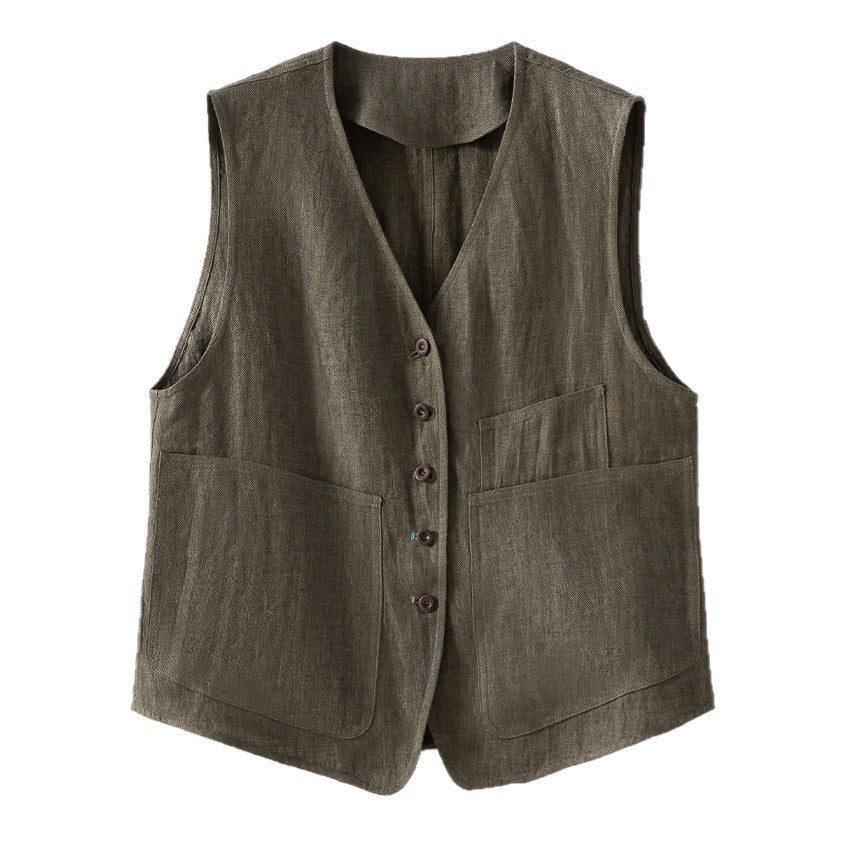 Damen Leinenweste mit V‑Ausschnitt, aufgesetzten Taschen und entspannter Passform Shop Nory