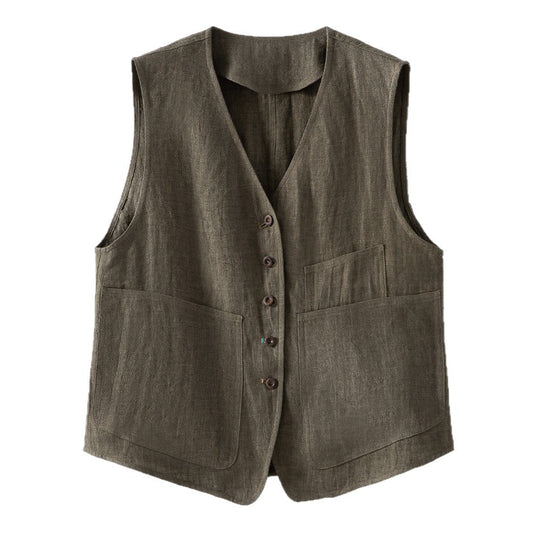 Damen Leichte Leinenweste im Utility-Look mit V-Ausschnitt und großen Aufgesetzten Taschen Shop Nory
