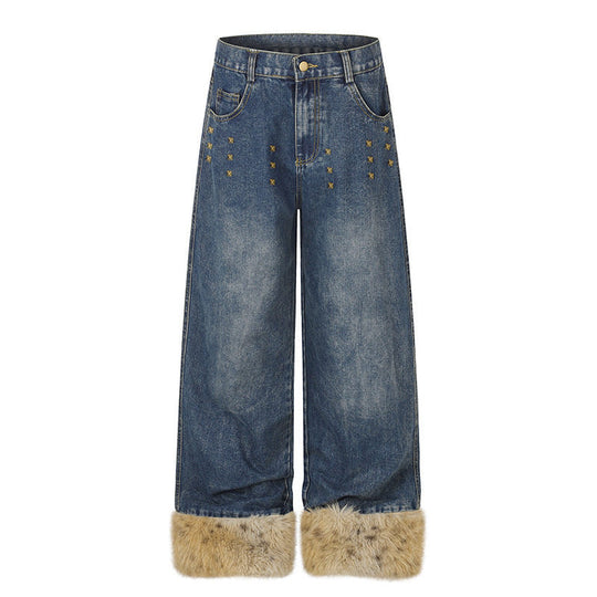 Damen Weite Denim-Palazzo-Jeans mit Fellbündchen und Nieten Shop Nory