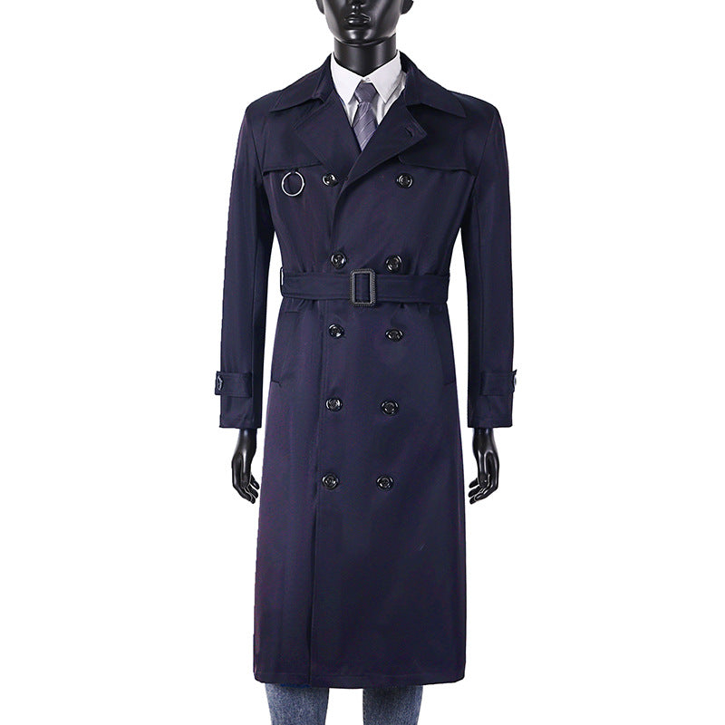 Herren Doppelreihiger Trenchcoat mit Taillierung, Reverskragen und dekorativem Metallring Shop Nory