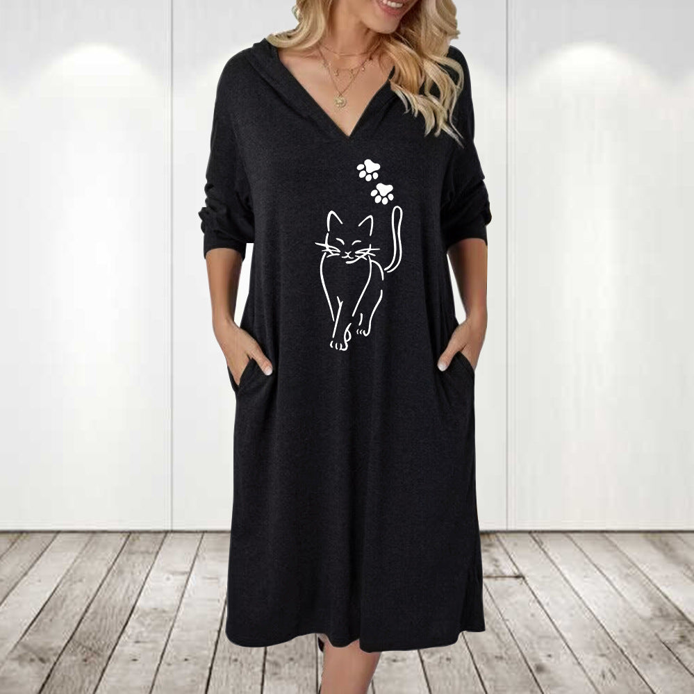Damen Kapuzenkleid mit süßem Katzenmotiv und praktischen Taschen Shopnory